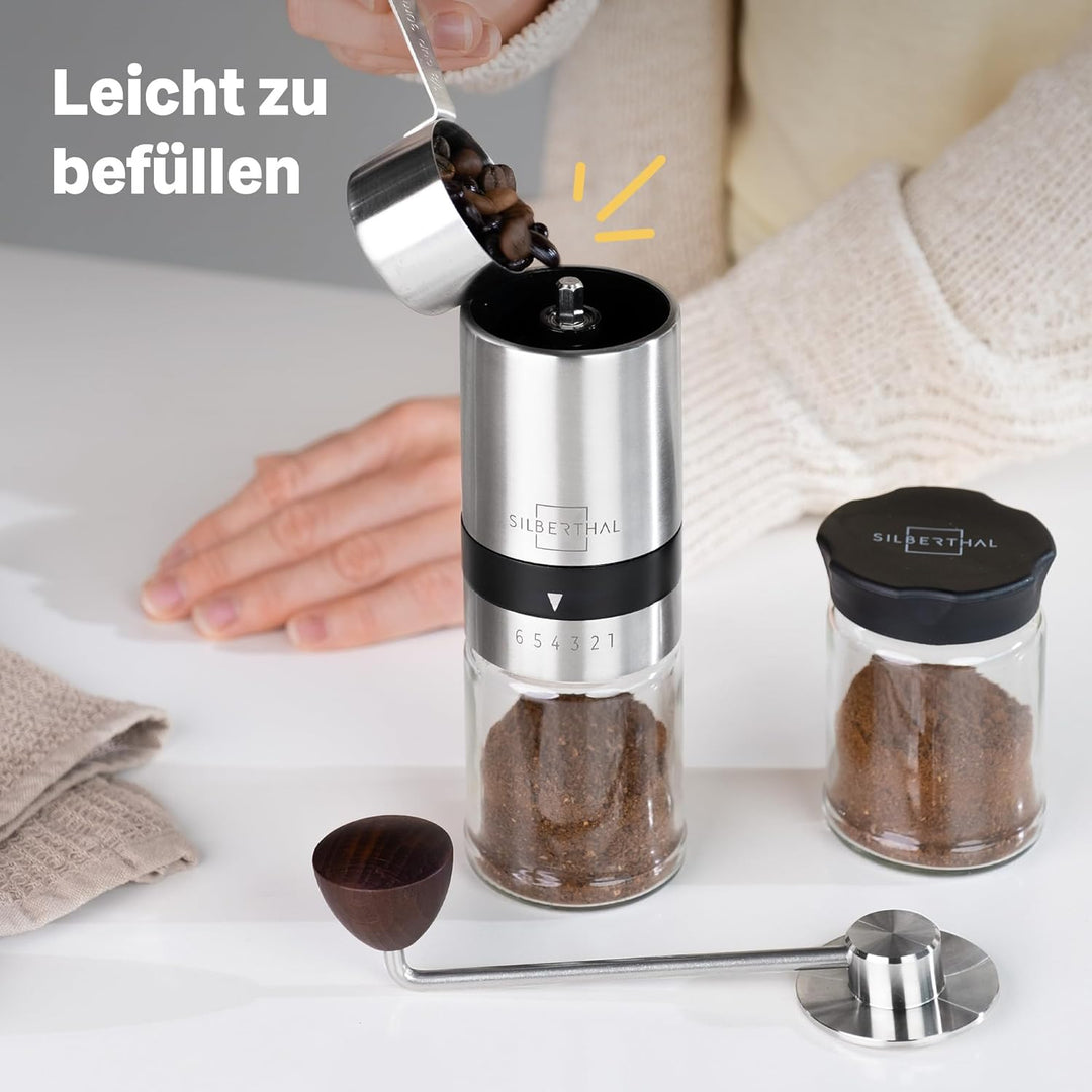 SILBERTHAL Handkaffeemühle manuell mit einstellbaren Mahlgraden & luftdichter Kaffeedose 500g aus Ed