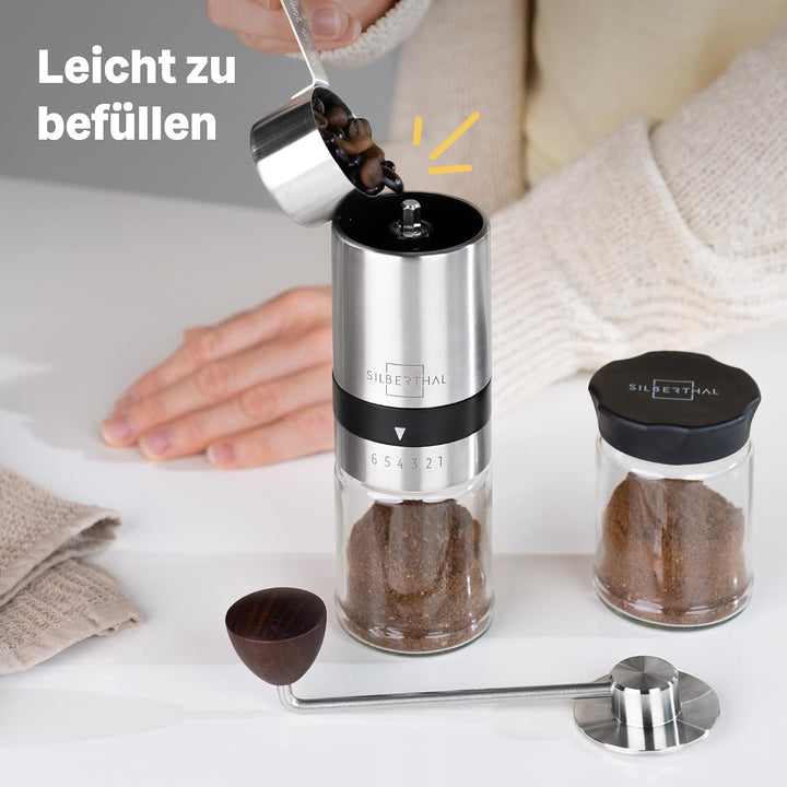 SILBERTHAL Handkaffeemühle manuell mit einstellbaren Mahlgraden & luftdichter Kaffeedose 500g aus Ed