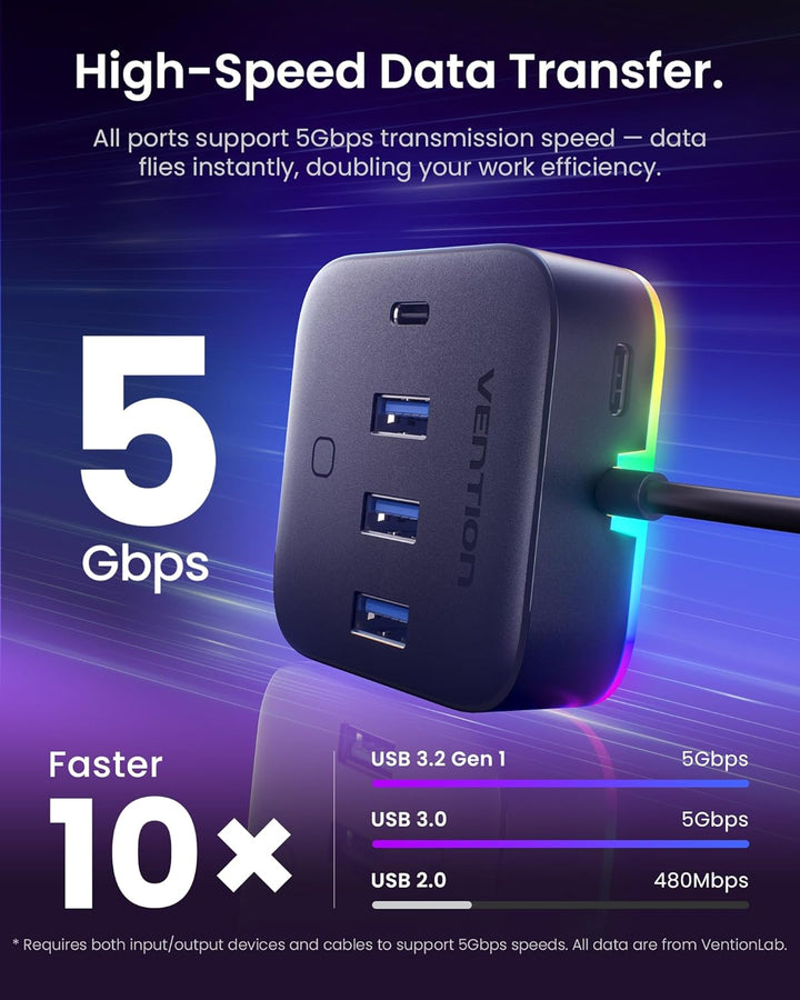 VENTION USB C Hub, 4 Ports USB 3.2 Gen 1 Type-C*1, USB A 3.0 * 3 Datenhub mit 5 Gbit/s with Breathin