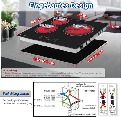 AMZCHEF Glaskeramikkochfeld 3 Zonen, Einbau Keramikkochfeld 60CM mit 9 Leistungsstufen, Touch-Bedien