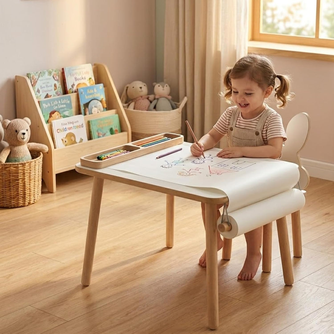 Kindertisch 50x 60x 47cm mit Papierrolle und Organizer– Holztisch für Kinderzimmer | Kinder Tisch, L