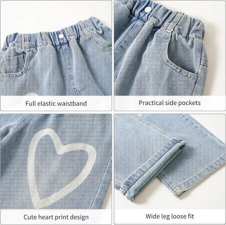 Rolanko Mädchen Jean Hosen Loch Denim Blau Jeans, Vintage Hose mit weitem Bein für Kinder Fit 10-11