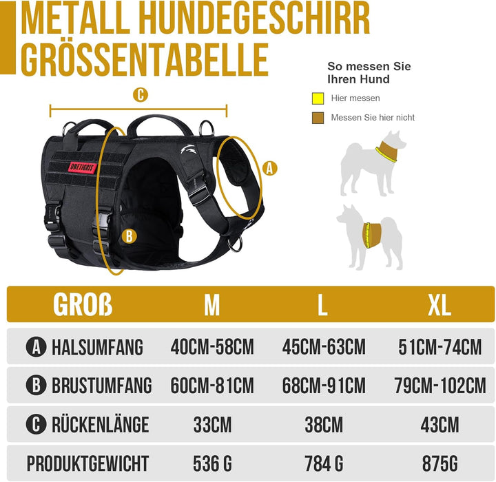 OneTigris Hundegeschirr, Metall Taktisches Geschirr Hunde Brustgeschirr mit 2 Komfort-Griffe, 3 Edel