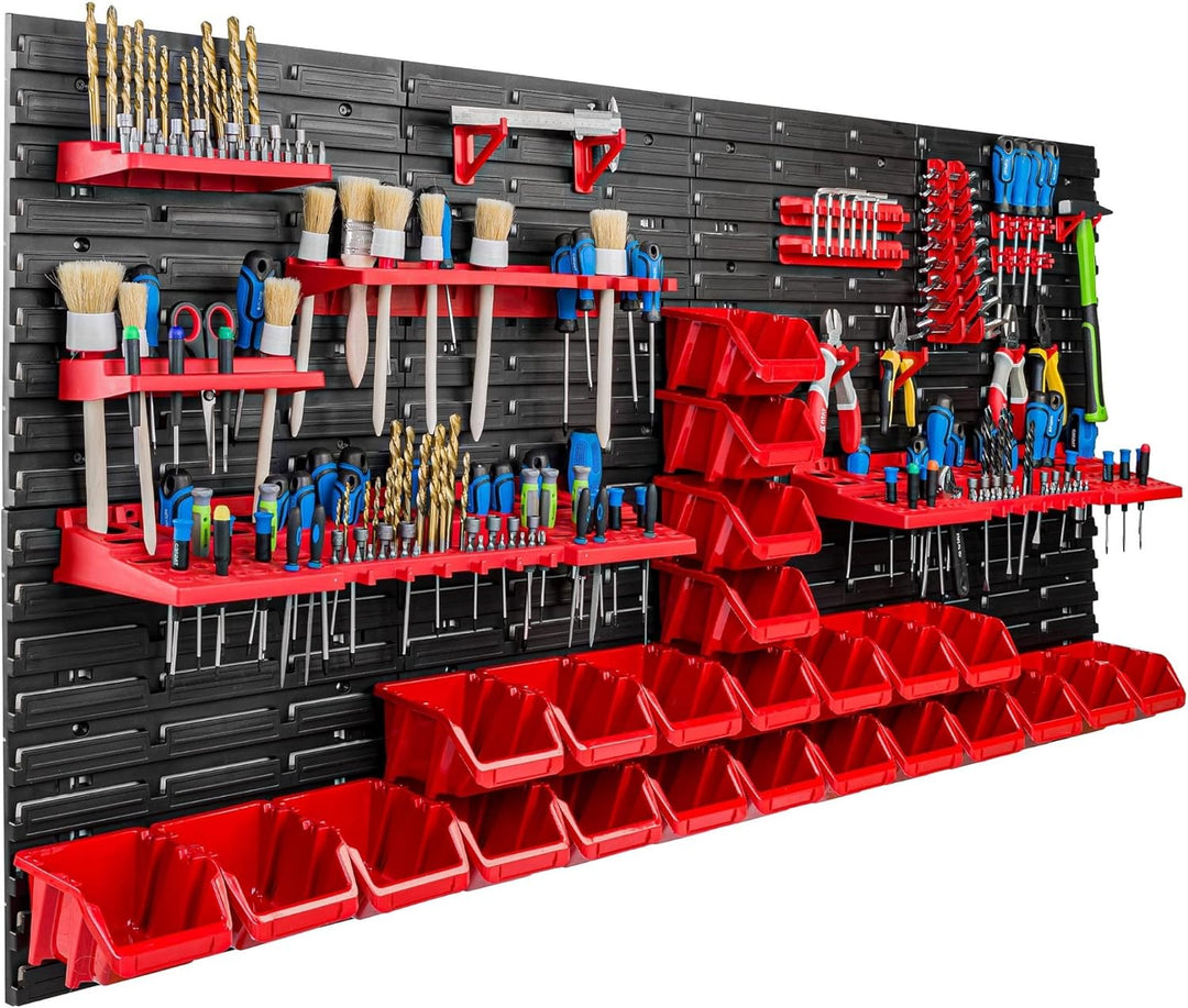 Lagersystem Werkstattregal | 156 x 78 cm | 24 stck. Box | Wandregal mit Werkzeughalterungen und Stap