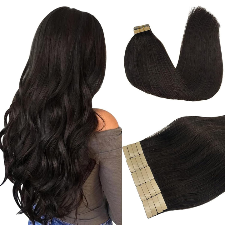 DOORES Haarverlängerung Echthaar, Dunkel Braun 45cm (18zoll) 50g 20pcs, Human Hair Extensions Tape i