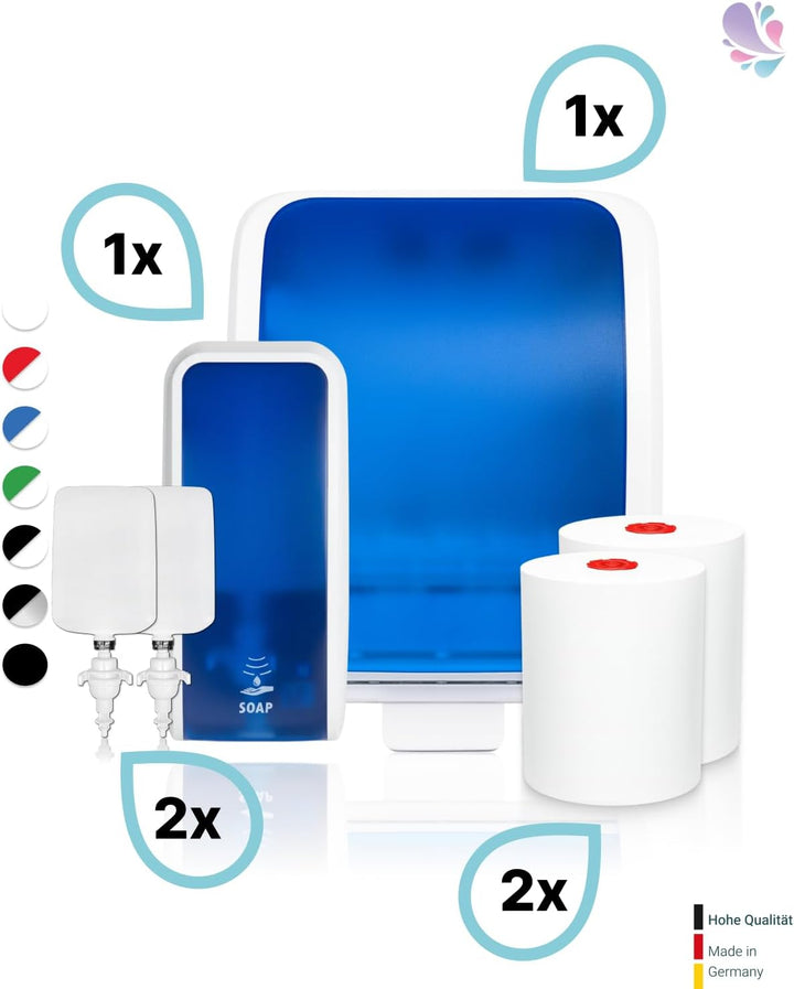 Blanc Hygienic Waschraum Set: Handtuchrollenspender AUTOCUT + 2 TAD Handtuchrollen + Schaumseifenspe