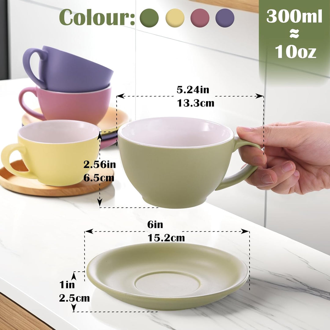 Yundu Cappuccinotassen Set 4x 300ml – Keramik-Kaffeetassen mit Untertassen, Mattierte Helltöne-Mix f