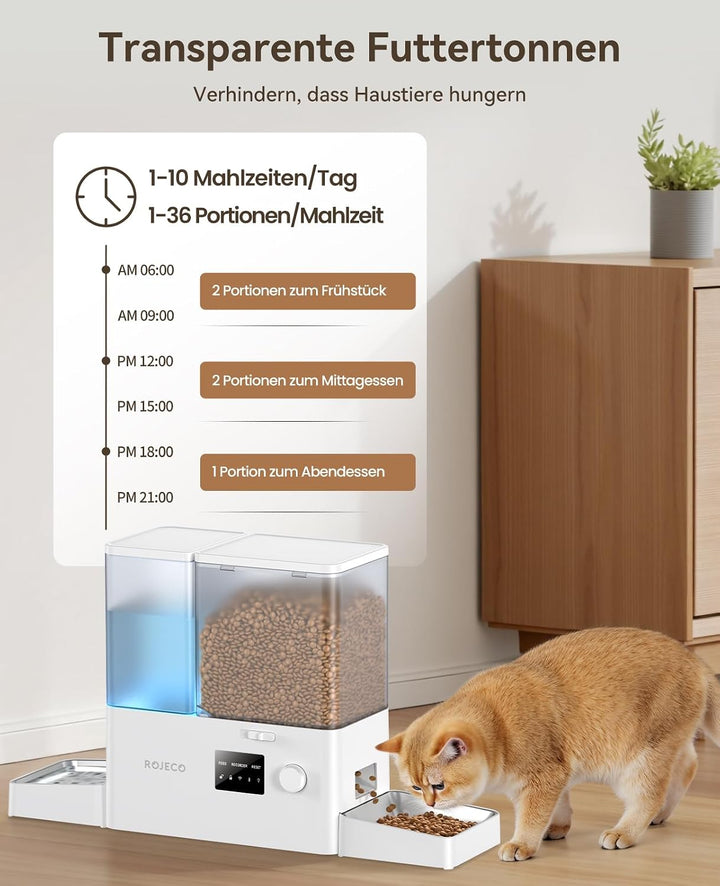 ROJECO Futterautomat Katze und Trinkbrunnen 2-in-1 mit APP WiFi Timer 8,5L katzenfutter automat(5L+3