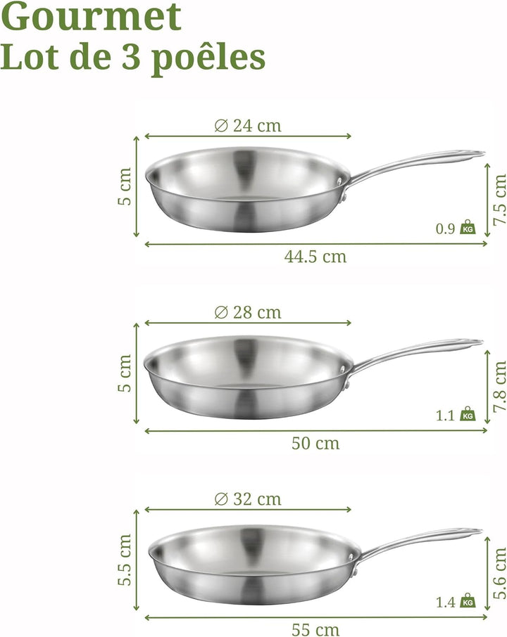 Cuisinox Gourmet Pfannen-Set, Edelstahl, 24-28-32 cm, 3-teilig