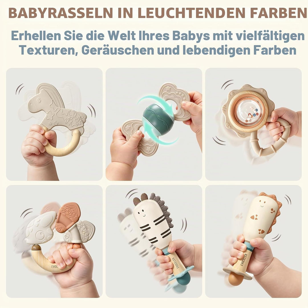 Evoceler Baby Rassel Beissring Set, Baby Spielzeug 0-6 Monate, Sensorik Montessori Spielzeug, Shaker