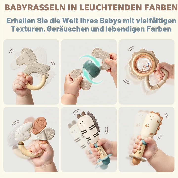Evoceler Baby Rassel Beissring Set, Baby Spielzeug 0-6 Monate, Sensorik Montessori Spielzeug, Shaker