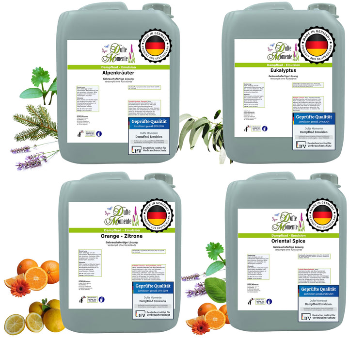 Dampfbad Emulsionen Set 4×10 L – freie Duftwahl – gebrauchsfertige Profi-Emulsion für Dampfbäder & S