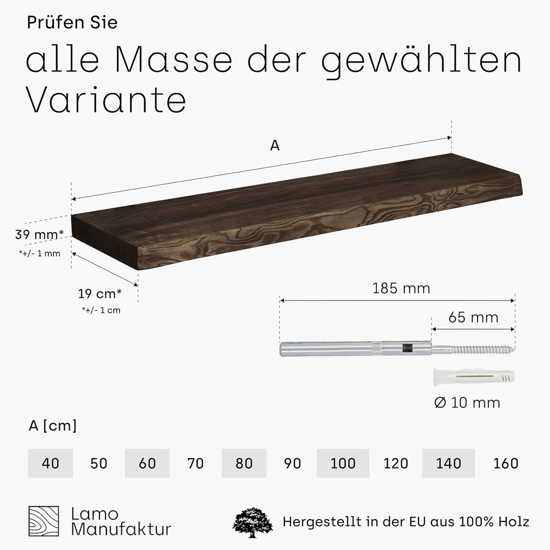LAMO Manufaktur Wandregal Holz Gerade | Regal Farbe: Schwarz | Invisible: Schweberegal | 80 cm Invis