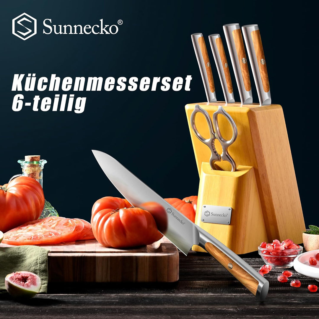Sunnecko Messerblock mit Messer -Messerset für Küche mit Holzblock, Küchenmesser set 6-tlg, Kochmess