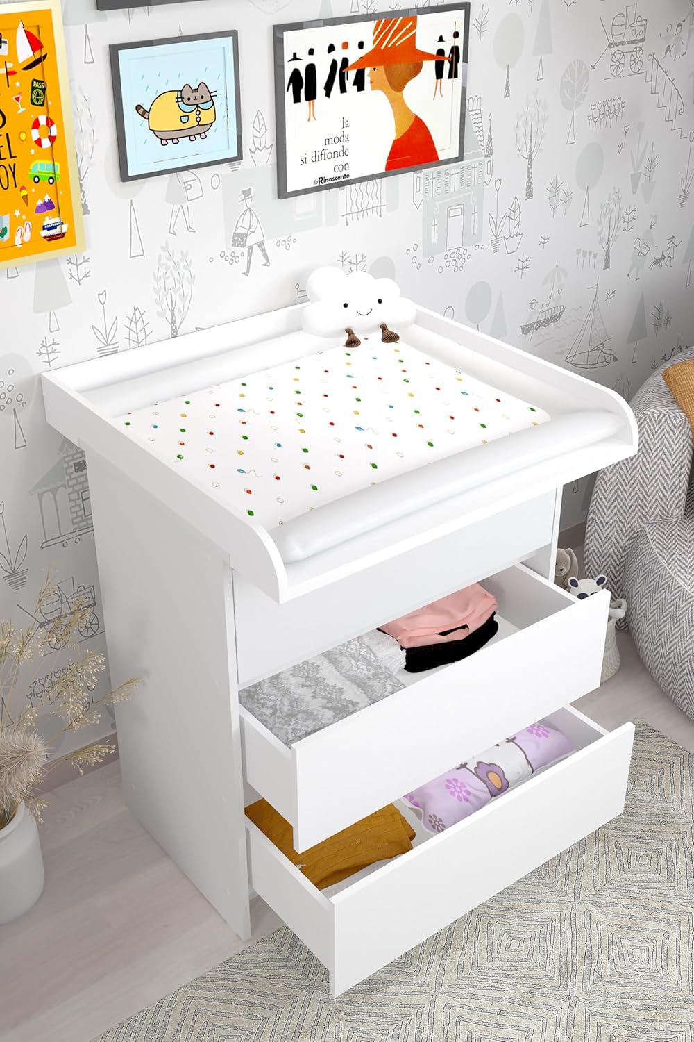 Shefa Kids 820 Wickelkommode Weiss – 3 Schubladen Wickeltisch & Kommode Kinderzimmer, Babyzimmer Kom