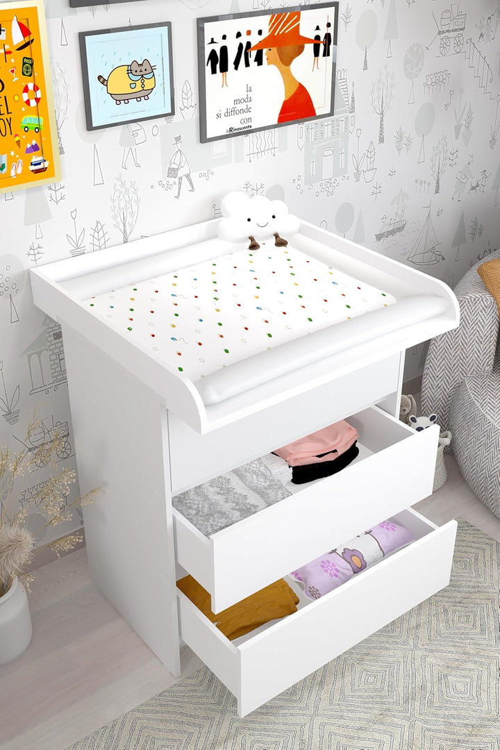 Shefa Kids 820 Wickelkommode Weiss – 3 Schubladen Wickeltisch & Kommode Kinderzimmer, Babyzimmer Kom