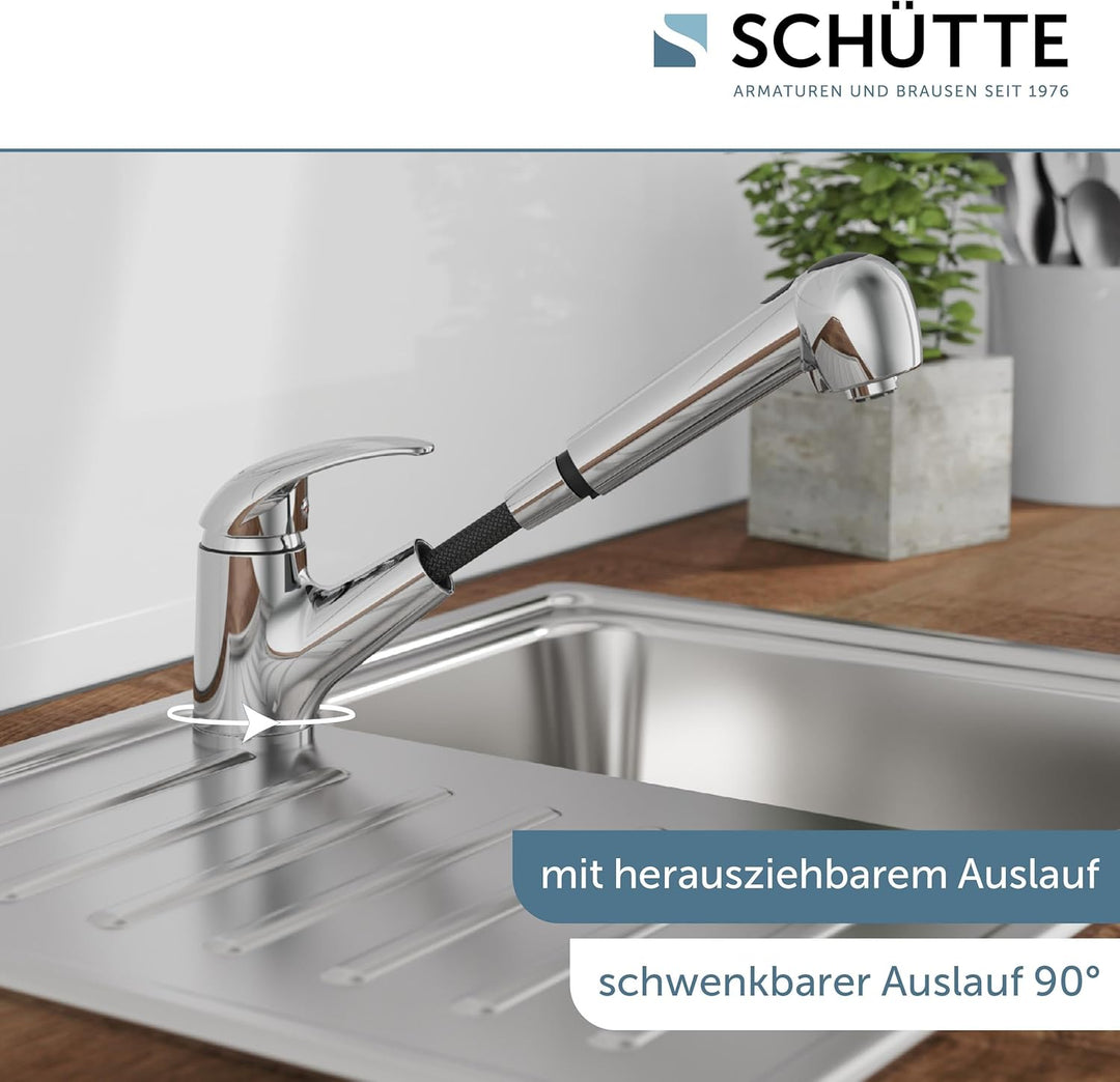 SCHÜTTE 33379 ABERDEEN Niederdruck-Küchenarmatur mit ausziehbarer Geschirrbrause, Wasserhahn für die