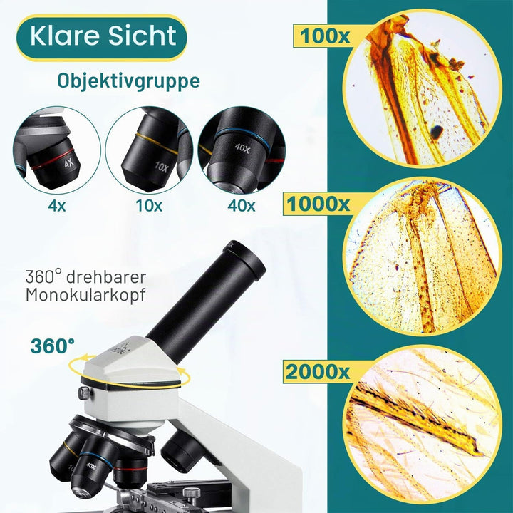 MAXLAPTER 2000x Mikroskopen Bewegliches Lineal Mikroskopen Labor LED mit vorbereiteten und leeren Ob