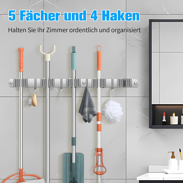 Besenhalterung Wand, Besenhalter Edelstahl, Gerätehalter Wandhalterung mit 5 Halter und 4 Haken, Bes