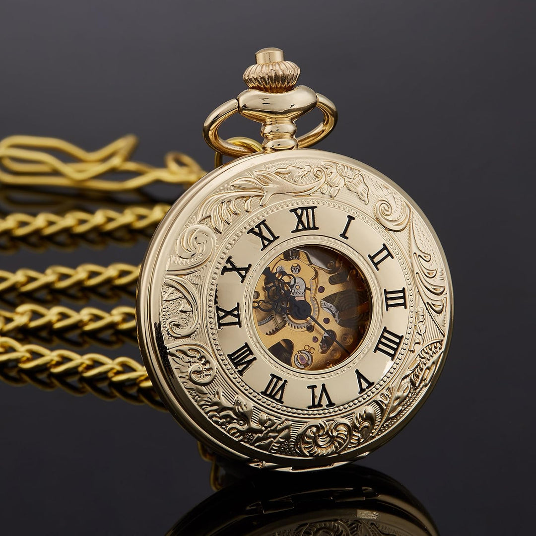 TREEWETO Unisex Taschenuhr mit Kette Analog Handaufzug Doppelscharnier Römische Ziffern Gold/Silber