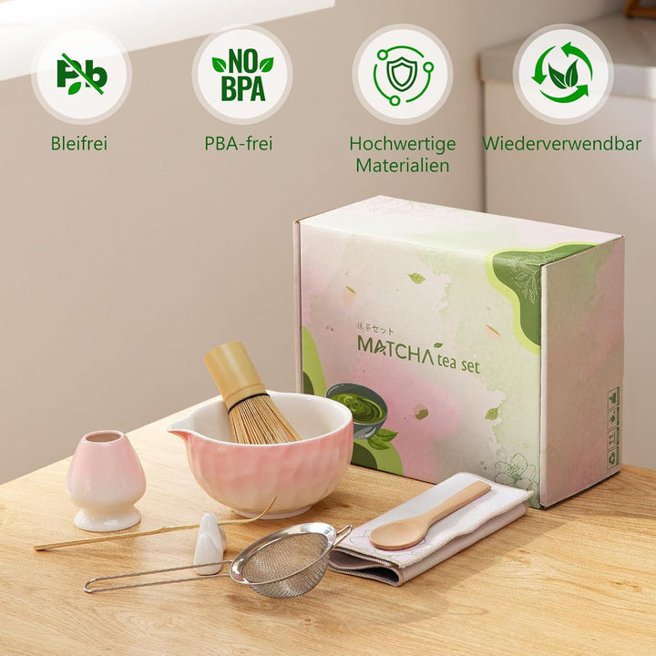 8 Stück Matcha Set Rose mit Besenhalter | Edelstahl-Sieb für klumpenfreien Matcha | Inkl Bambus bese