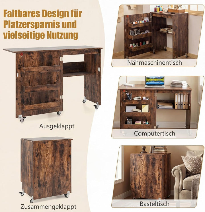 GIANTEX Nähtisch klappbar, Nähmaschinentisch auf Rollen, Nähtisch für Nähmaschine, Nähschrank Holz,
