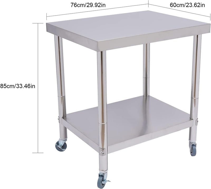 C-Juzarl Arbeitstisch Küche 76 * 60 * 85cm Edelstahl Küchentisch mit Ablage und Rollen, Gastro 2 Lag