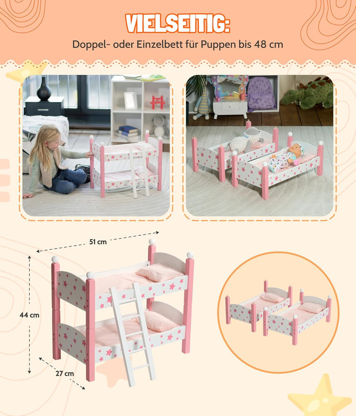 Bayer Chic 2000 - Puppen-Etagenbett für Baby-Puppen bis 48 cm, Puppenbett, Puppenmöbel, Stars pink,