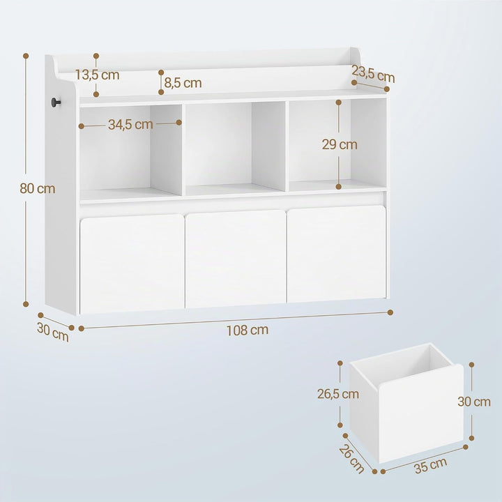 Hzuaneri Kinderregal mit Bücherfach &amp; Rollschubladen 30 x 108 x 80 cm, Weiss | 3 offene Fächer, 3 ro