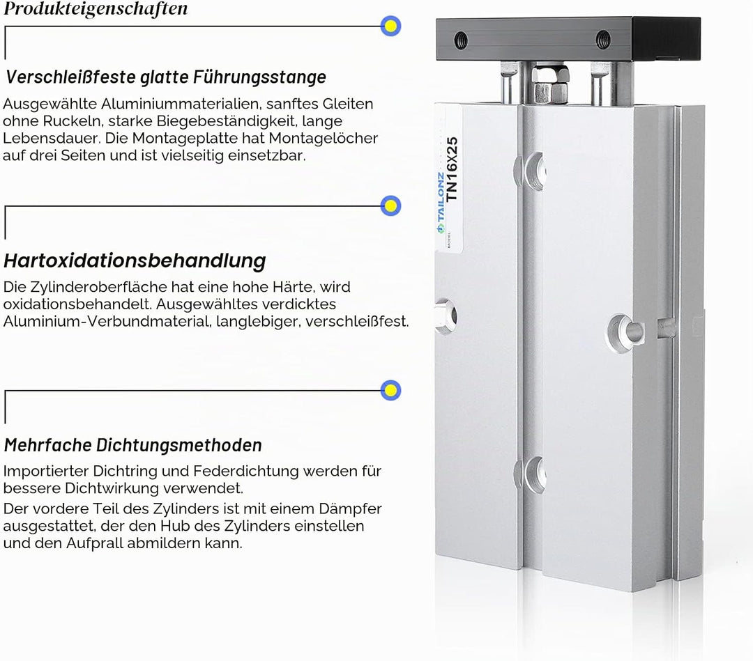 TAILONZ PNEUMATIC 16mm Bohrung 25mm Hub Doppelstange Doppeltwirkend Aluminium Druckluftzylinder TN16