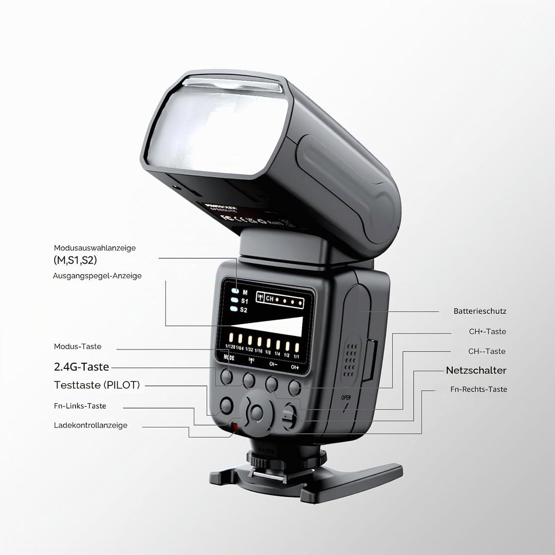 PHOTOOLEX Blitz Flash Speedlite für Canon Nikon Sony Panasonic Olympus Pentax Fujifilm Sigma Minolta
