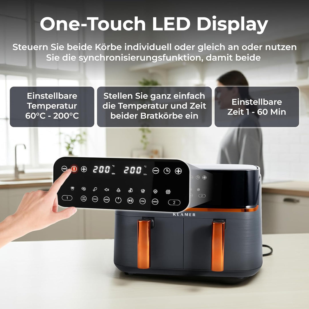 KLAMER Heissluftfritteuse Duo 9 L – Doppelkammer Airfryer mit 2 Körben & Digitaldisplay, 10 Automati