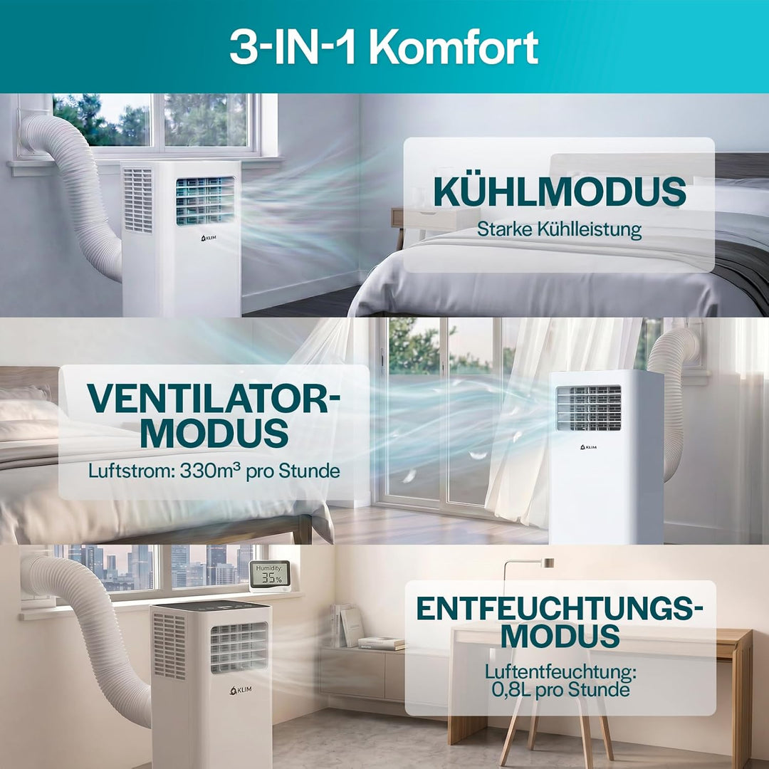 KLIM K9000-3-In-1 KLIMaanlage Mobil - Fernbedienung - Mit Integrierter Entfeuchtungsfunktion, Ventil