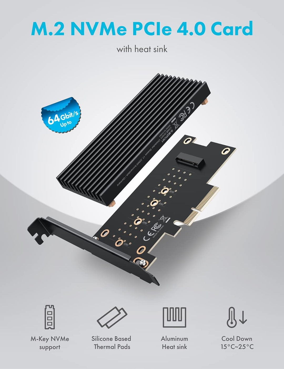 GRAUGEAR M.2 PCIe 4.0 Adapter-Karte für NVMe SSD, M-Key, grosser Aluminium-Kühlkörper, Unterstützt 2