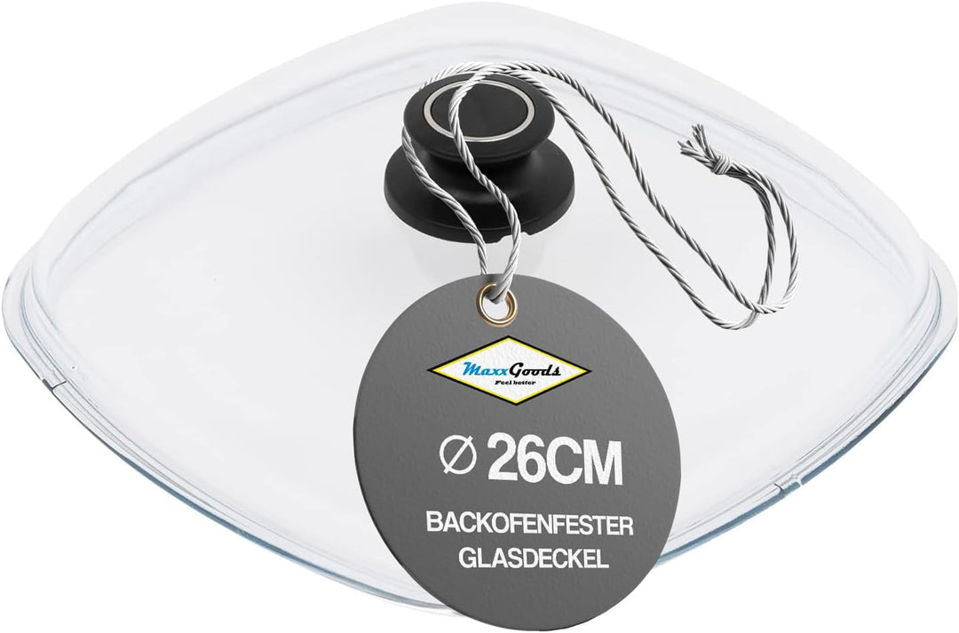 MaxxGoods Simax Glasdeckel Ø 26x26 cm mit Knopf & Backofenfest | automatisches Entlüftungsventil | H