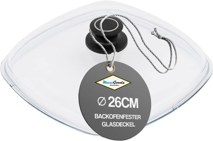 MaxxGoods Simax Glasdeckel Ø 26x26 cm mit Knopf & Backofenfest | automatisches Entlüftungsventil | H