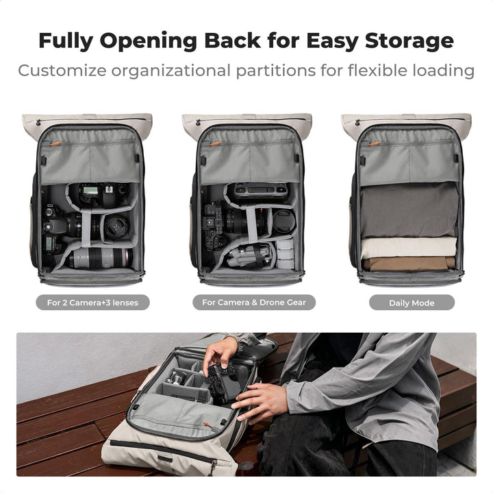 K&amp;F CONCEPT Kamerarucksack mit Rolltop-Erweiterung | grosser Fotorucksack mit vollständiger Rückseit