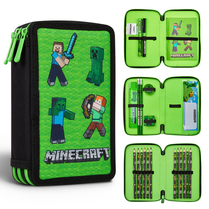 Minecraft Federmäppchen Jungen und Mädchen Mäppchen Gefüllt Creeper Federmappe mit Schreibwaren Game