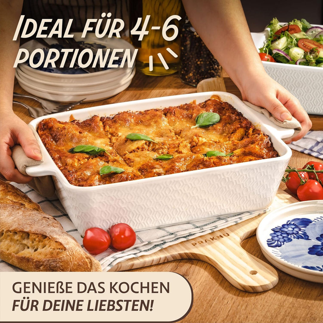 Auflaufform Gross aus Keramik - Für Lasagne, Tiramisu & Auflauf - Extra Hoher Rand - Eckig - Weiss,