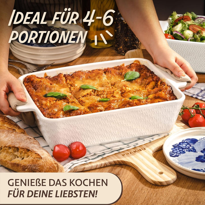 Auflaufform Gross aus Keramik - Für Lasagne, Tiramisu & Auflauf - Extra Hoher Rand - Eckig - Weiss,