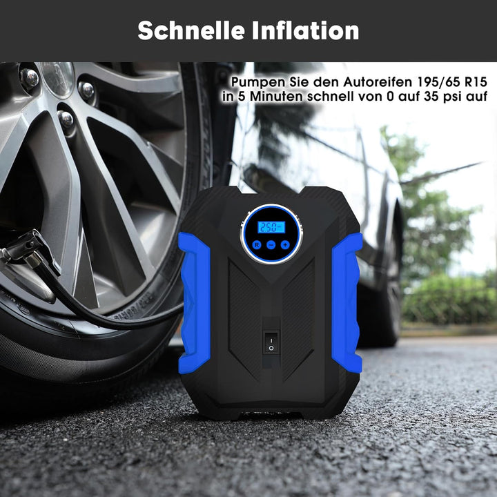 CARSUN Luftpumpe Auto,12V Mobiler Kompressor Auto,150PSI Autoreifen Pumpe mit Reifendruckmesser und