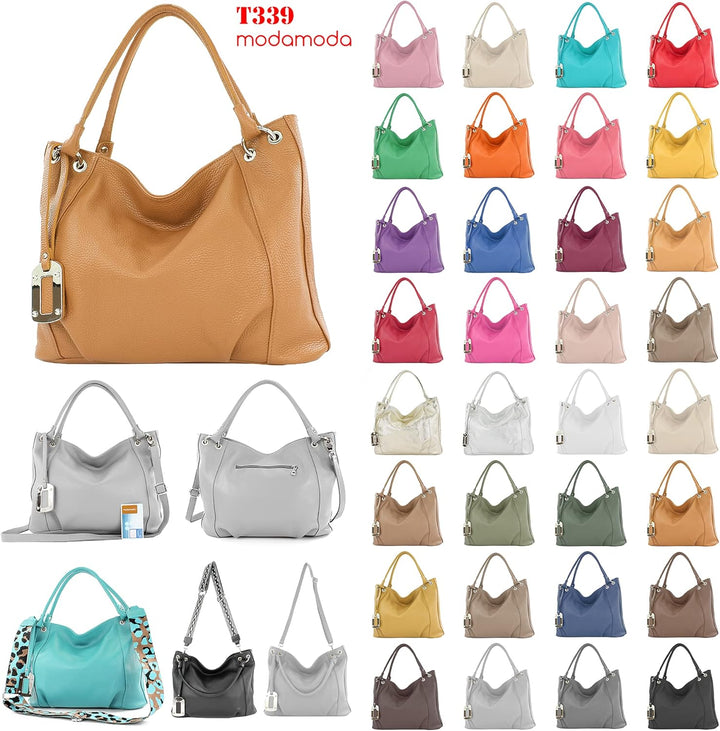 modamoda de - T339 - ital. Schultertasche Shopper aus Leder Dark Chocolate, Dark Chocolate