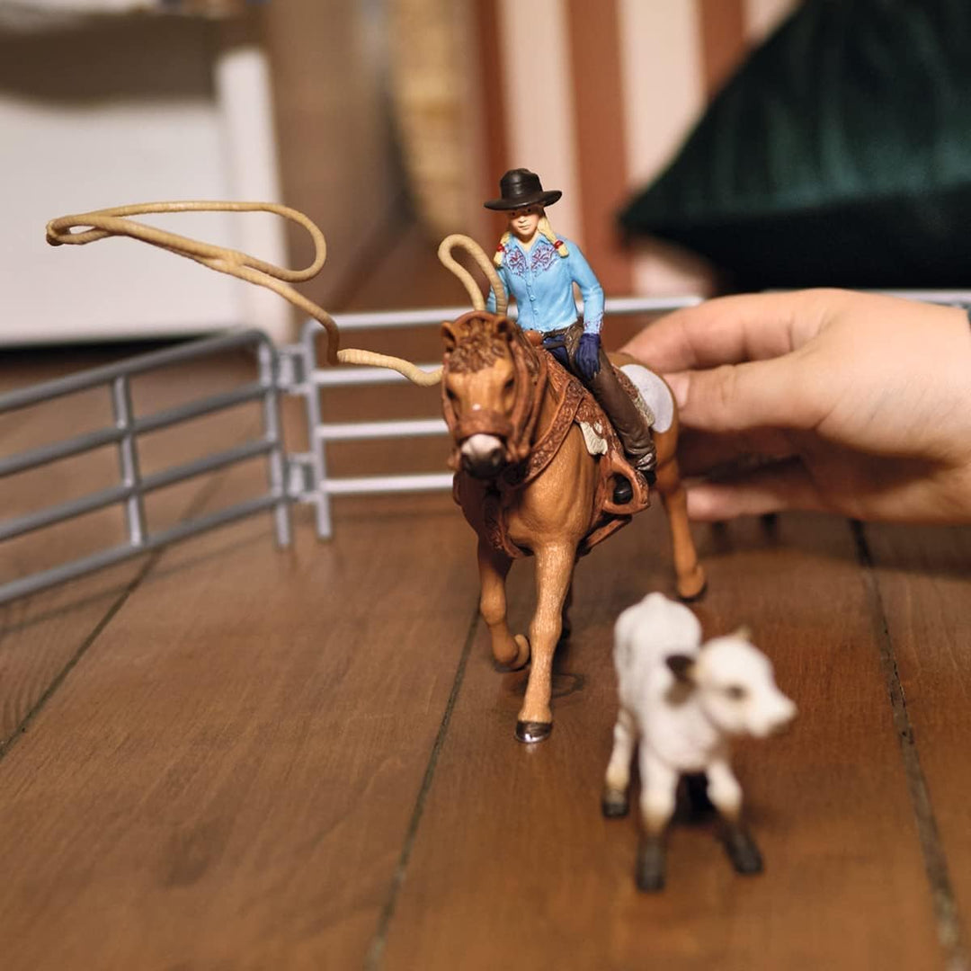 SCHLEICH Farm World | Westernreiten mit Cowgirl 42577 | Bauernhof Set mit Reiterin, Pferd, Kuh sowie