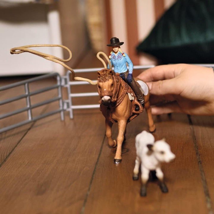 SCHLEICH Farm World | Westernreiten mit Cowgirl 42577 | Bauernhof Set mit Reiterin, Pferd, Kuh sowie