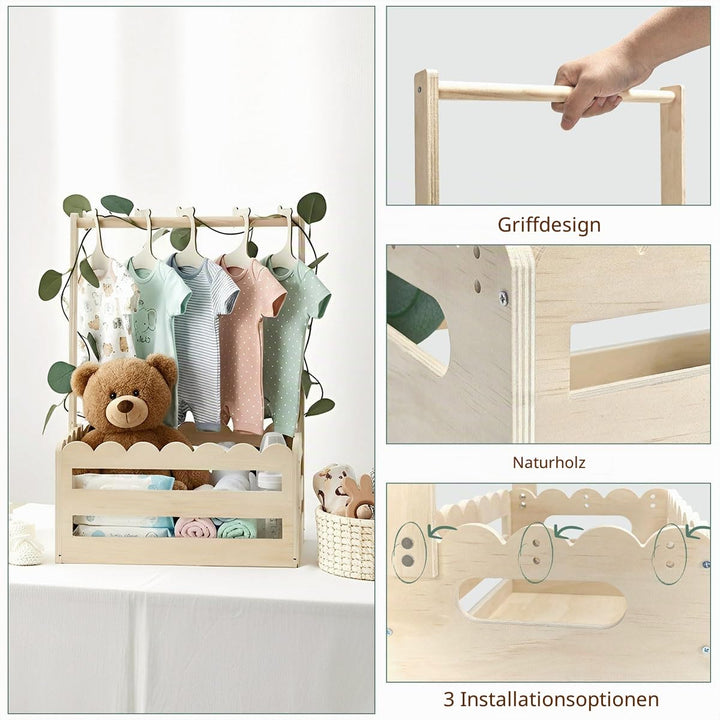Personalisiertes Babyparty Geschenk aus Holz mit Bügeln &amp; Efeu - Willkommens-Korb mit Wellenrand-Des