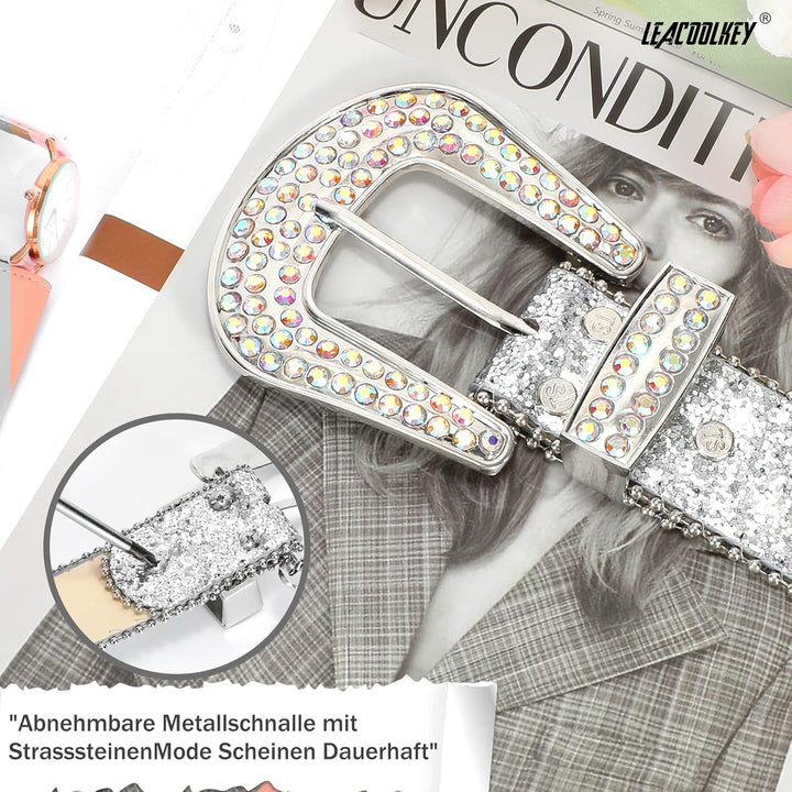LEACOOLKEY Damen Männer Mode Strass Gürtel, Western Cowgirl Nieten Punk PU Ledergürtel für Jeans M:P