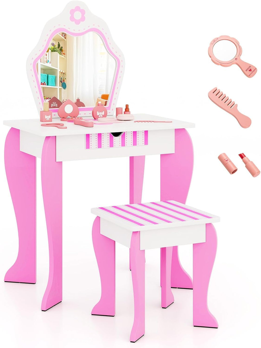 FANTASK Kinderschminktisch mit Hocker, Mädchenschminktisch mit abnehmbarem Spiegel & Schublade, Prin