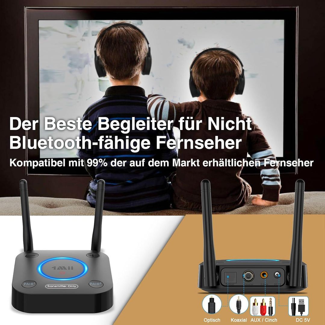1Mii B06TX Bluetooth 5.3 Sender für TV, Bluetooth Transmitter mit aptX HD &amp; Low Latency, 2 Kopfhörer