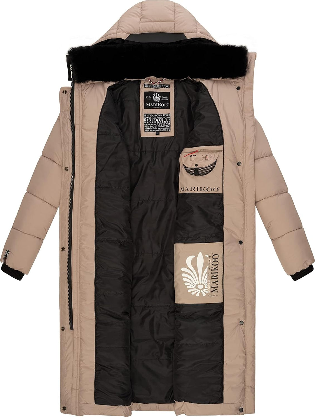 MARIKOO Damen Wintermantel warmer Steppmantel lang mit abnehmbarer Kapuze Reliziaa XS-3XL S Taupe, S