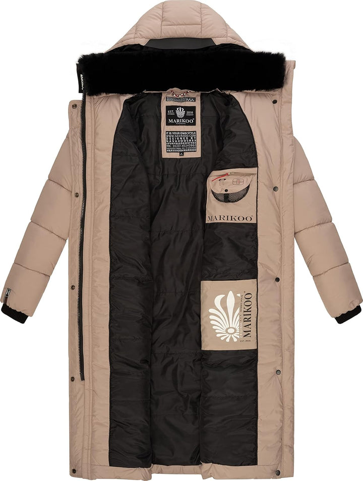 MARIKOO Damen Wintermantel warmer Steppmantel lang mit abnehmbarer Kapuze Reliziaa XS-3XL S Taupe, S